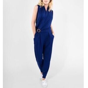 Les Lunes Casino Jumpsuit Dark Navy Sleeveless Surplice Stretch Bamboo-S